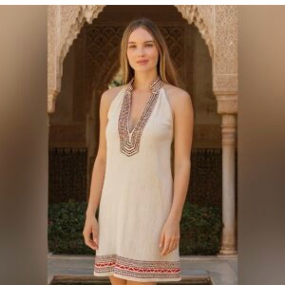 THML Crystal Cross cream embroidered sheath dress